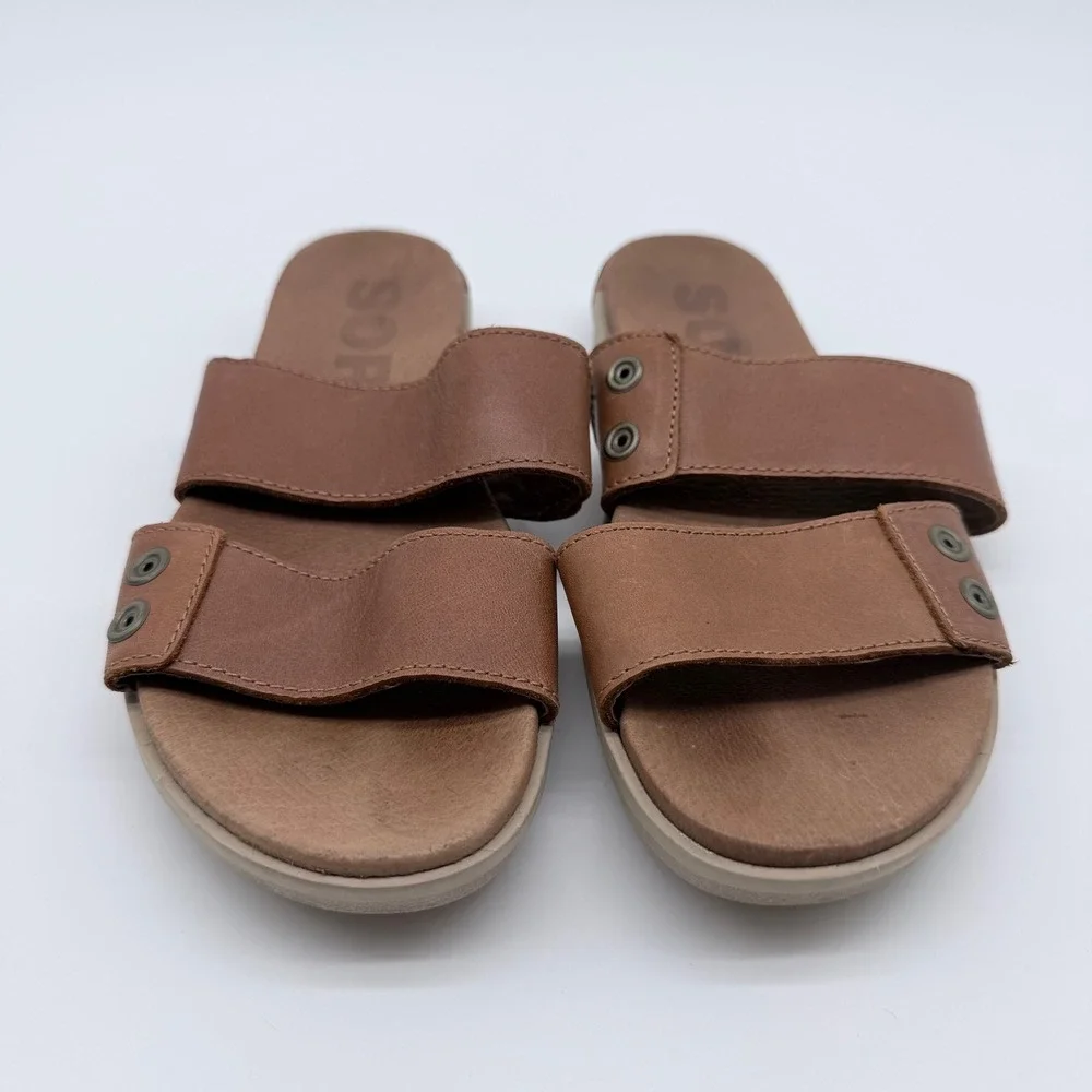 Sorel Ella Slide Sandals Tan Brown Leather Grommet Flat 6.5 NL2937-224